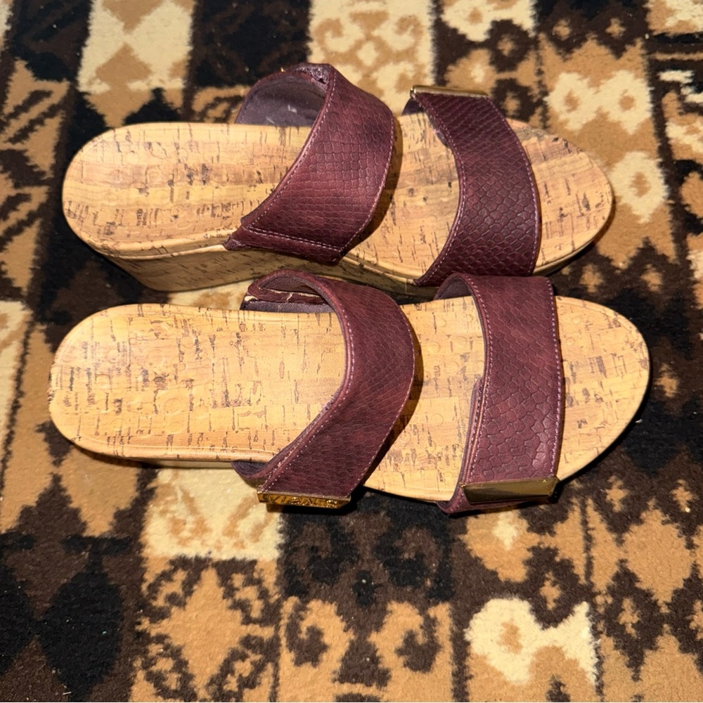 Vionic Womens Comfortable Pepper Burgundy Cork Wedge Slip-On Sandals Size 9